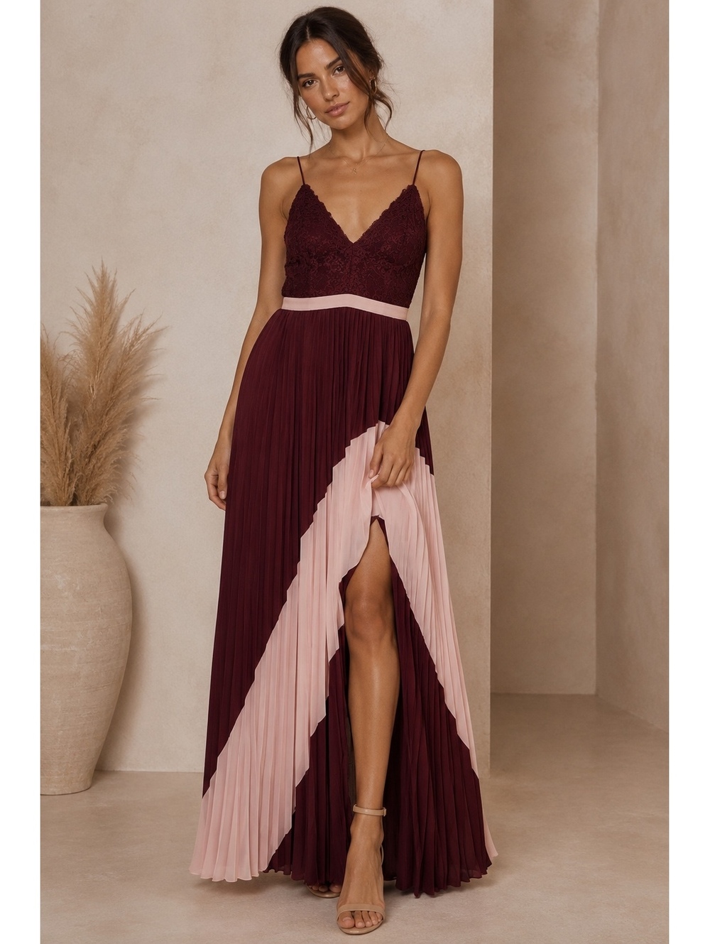 Lulus Womenβs Size M Burgundy Pink Lace Pleated Maxi Dress